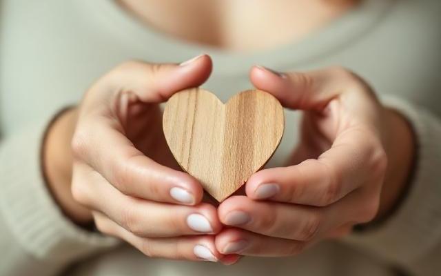 Heilung des inneren Kindes – Hände halten ein kleines Holzherz, warmes Licht