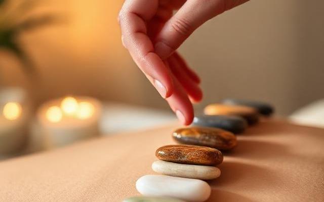 Energetische Anwendungen – Chakra-Steine entlang der Wirbelsäule mit sanft leuchtender Verbindung, Hand justiert einen Stein